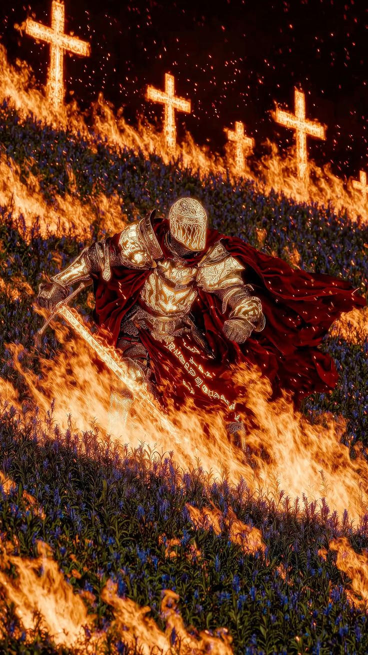 A veiled knight in golden armor, sword drawn, in a field of burning crosses and cobalt lavender.