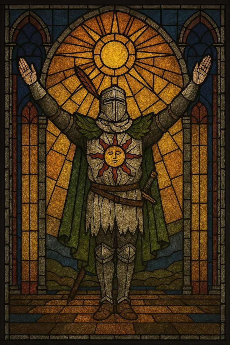 A stained-glass effigy of the watchman, lit from behind by a low window.